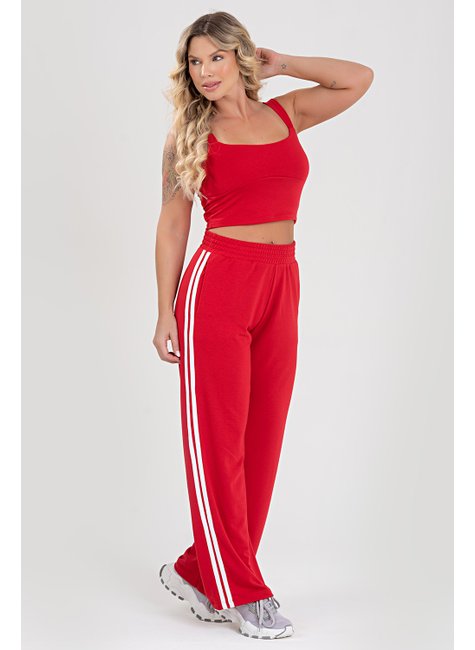 Conjunto Feminino Cropped e Calça Sport com Faixa LateralVermelho