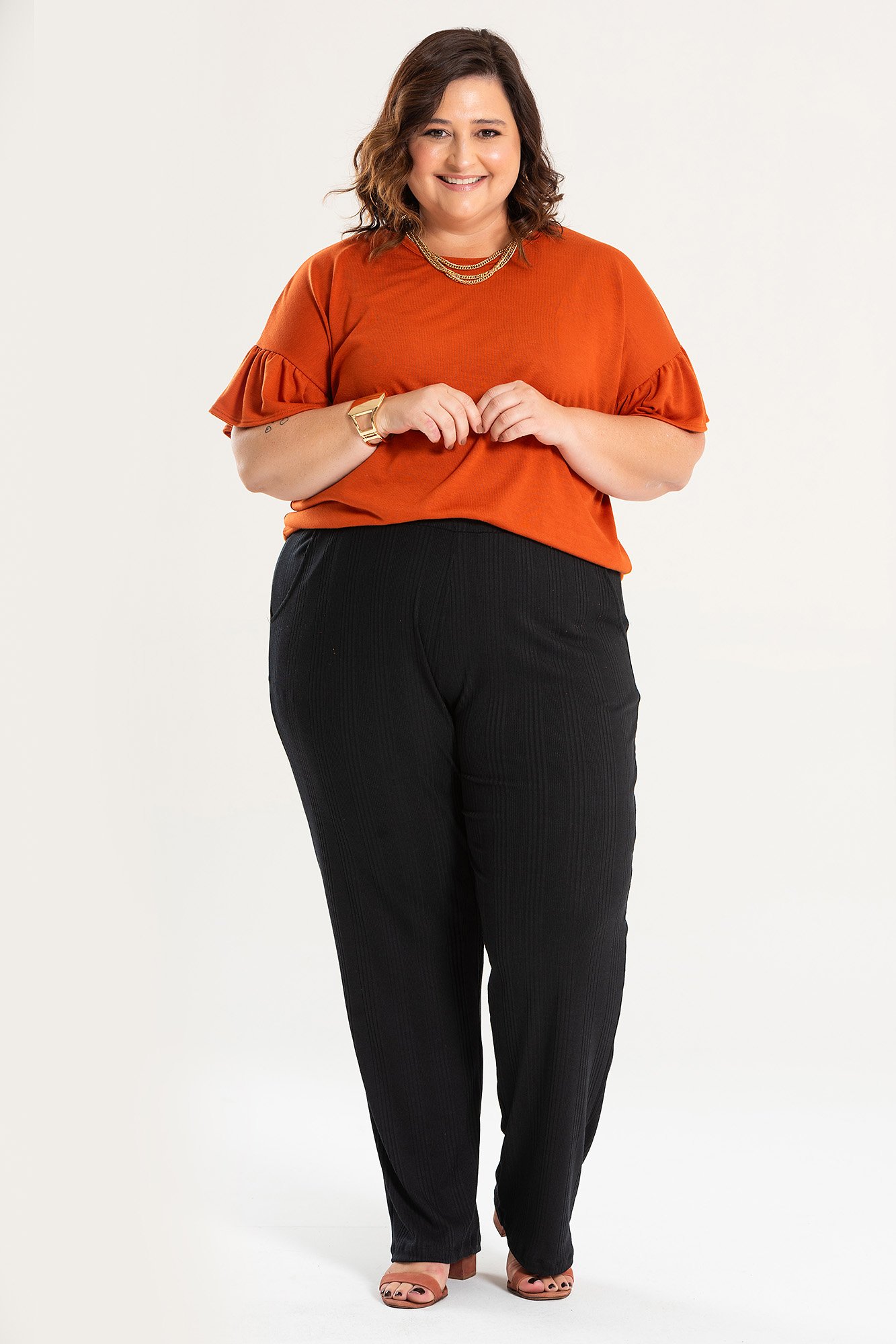 Blusa Feminina Manga Franzida Plus SizeTerracota